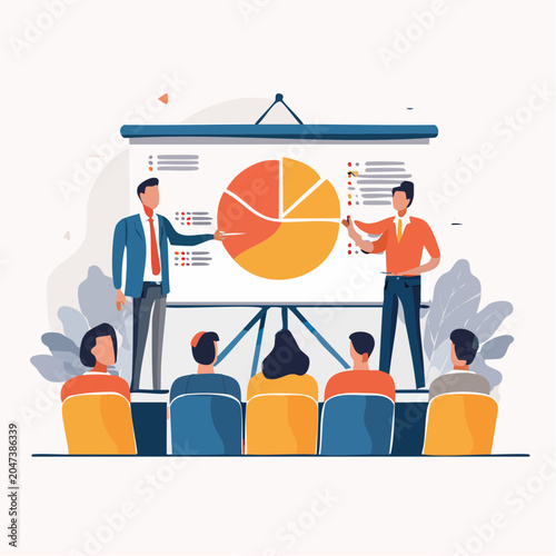 Business presentation with pie chart and audience