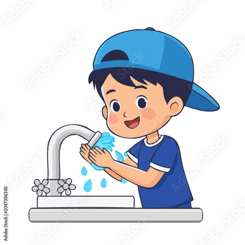 Cartoon boy washing hands under faucet