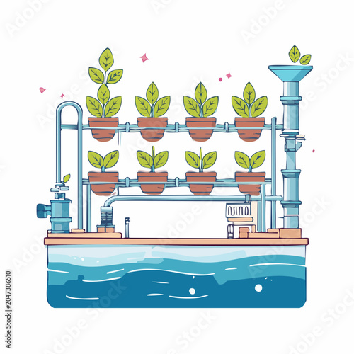 Flat design hydroponic system with plants growing in water