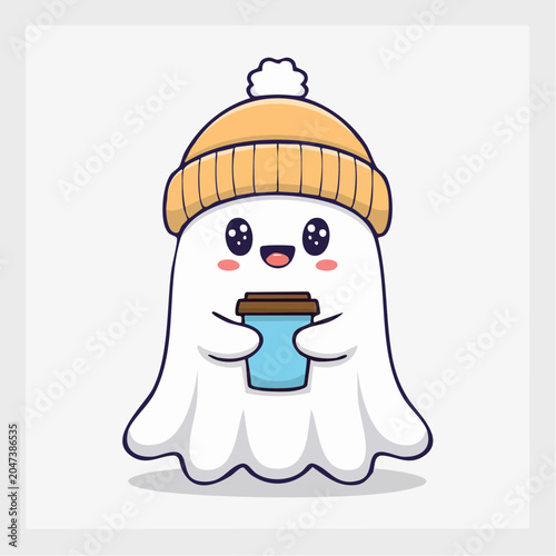Cute ghost wearing a beanie hat holding a coffee cup