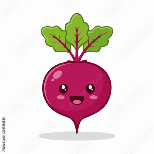 Cute kawaii beetroot character with green leaves