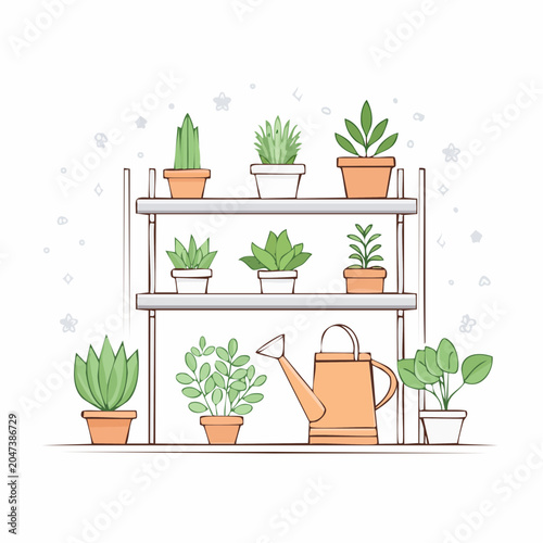 Illustration of potted plants on a shelf with a watering can