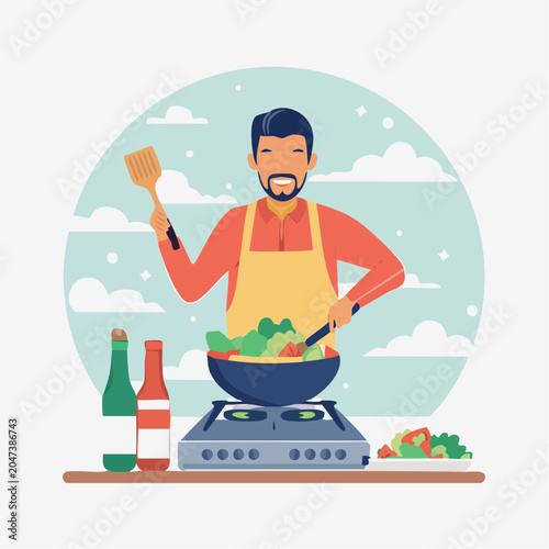 Man happily cooking vegetables in a wok on a stove