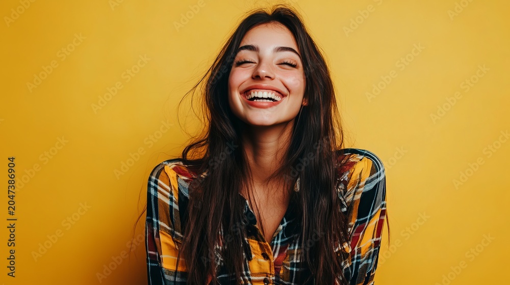 Fototapeta premium Happy young woman with long dark hair laughing joyfully against a vibrant solid yellow background