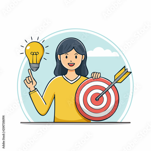 Woman with Lightbulb and Target Symbolizing Idea and Goal Achievement