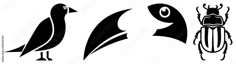 Obraz premium Collection of stark black shapes featuring a crow, a beetle, and abstract sharp forms. These feathered friend and bug motifs use high contrast silhouettes for a bold visual impact.