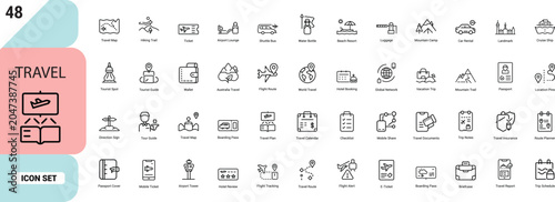 Fotografie Travel line art icons set, passport, boarding pass, flight route, hotel booking,