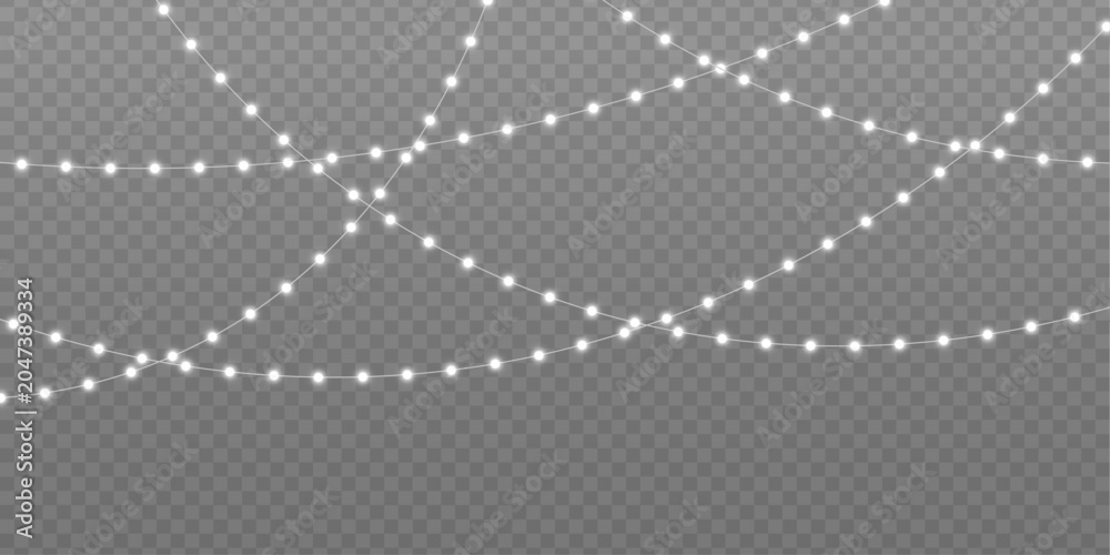 Fototapeta premium Silver Christmas lights PNG. Luminous string garland with glowing white bulbs and realistic LED lamps. Xmas design for advertising and brochure. Vector illustration.