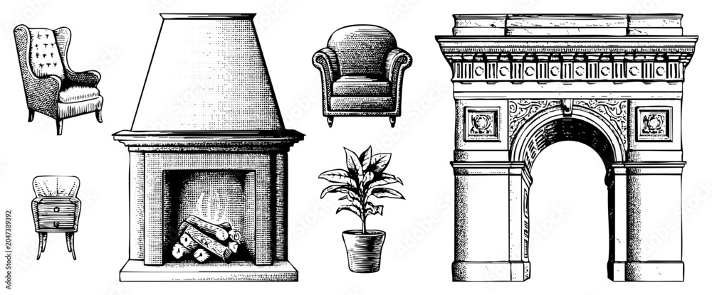 Fototapeta premium Antique home furnishings including a cozy hearth, ornate mantelpiece, plush armchair, stone portal, and leafy houseplant. Perfect for sketching a traditional parlor or study.