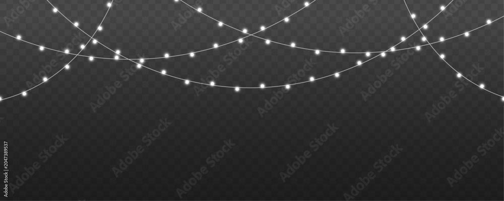 Fototapeta premium Christmas string lights PNG. Silver realistic garland with luminous white bulbs and glowing LED lamps. Xmas decoration isolated on transparent background. Vector illustration.