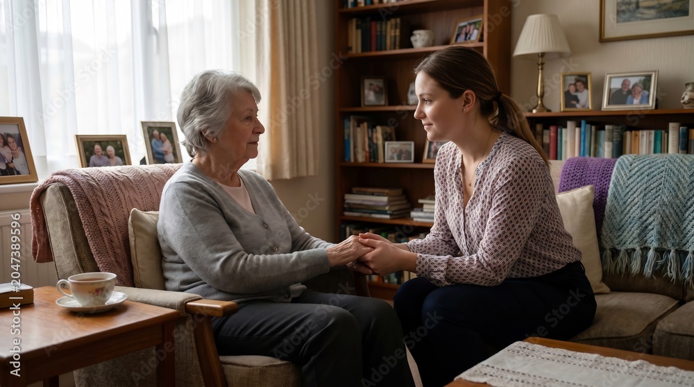 Fototapeta premium Elderly woman and young woman talking.