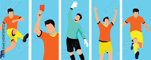 Photos Set of soccer players in various poses including referee with red card, goalkeep