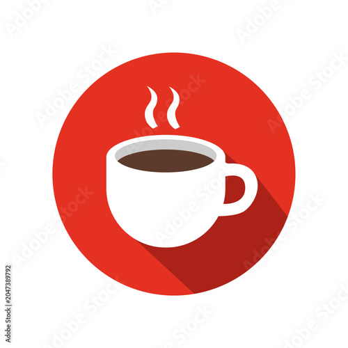 Break Time Icon - Steaming hot coffee cup with rising vapor on vibrant red circular background
