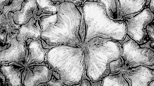 Black and white liquid paint blossoming into abstract flowers
