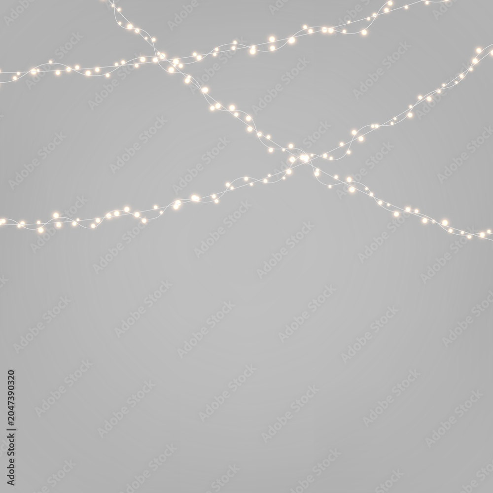 Fototapeta premium Xmas luminous garland PNG. Christmas string lights with golden glowing LED lamps and yellow bulb lights. Realistic decoration isolated on transparent background.