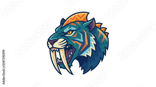 Foto Saber-toothed tiger head mascot logo, fierce prehistoric animal with colorful pa