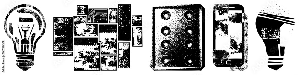 Fototapeta premium This distressed collection features a glowing lightbulb, a circuit board, an electrical outlet, and a mobile device. These gritty digital gizmos and handheld slabs showcase a heavy halftone texture.
