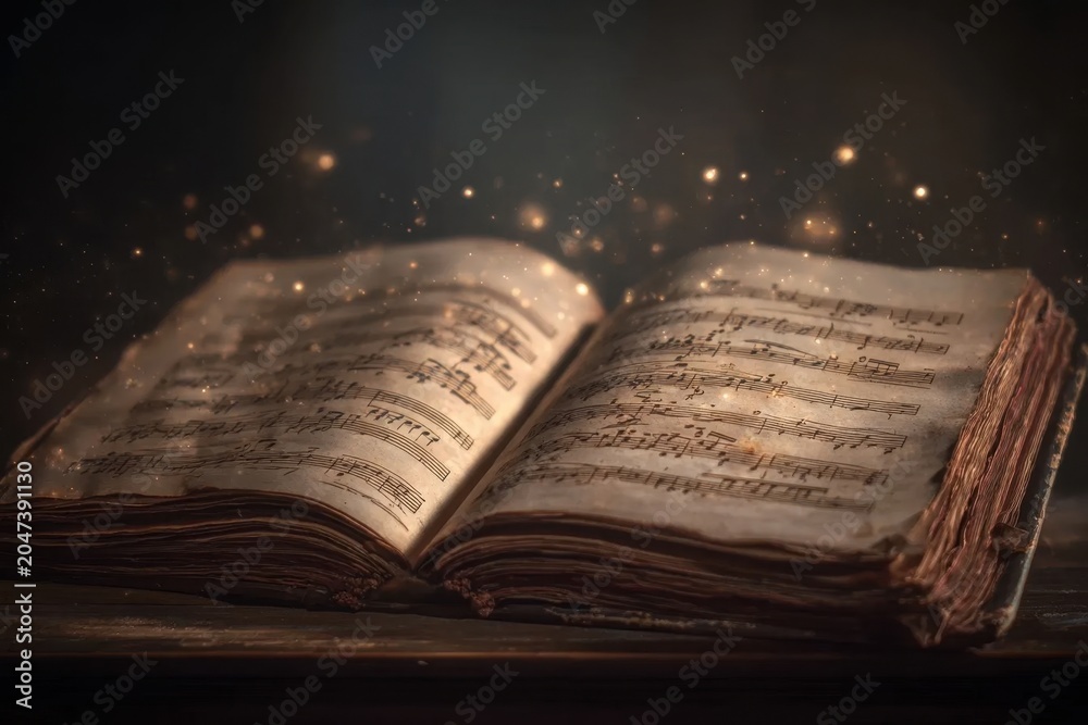Fototapeta premium An ancient open music manuscript glowing softly with magical particles floating above its worn pages on a rustic wooden surface in dim light ambiance