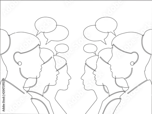 Line art illustration of two groups of people facing each other with speech bubbles, representing communication or debate