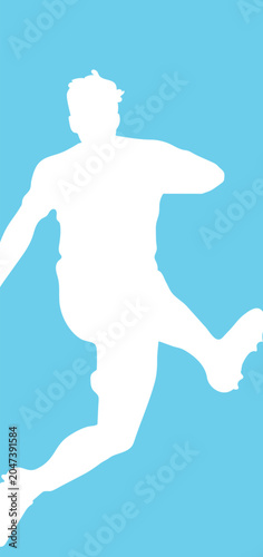 White silhouette of a soccer player kicking a ball on a light blue background, dynamic sports action pose, vector illustration
