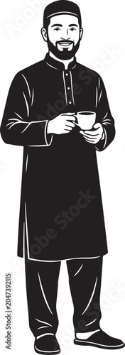 Black and white line of a smiling man wearing a traditional islamic kufi cap and a long tunic, holding a small cup of hot beverage on a plain white background