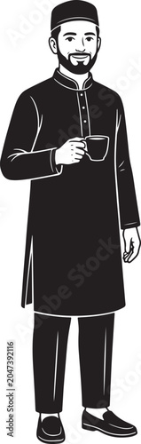 Black and white line of a smiling man wearing a traditional kufi cap and long tunic, holding a small cup, depicted in a simple style on white background