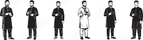 A horizontal row of six black and white line showing men in traditional islamic kufi caps and tunics, each holding a cup, isolated on a plain white background