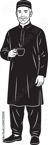 Black and white line of a smiling man with a beard, wearing a traditional kufi cap and long tunic, holding a steaming cup of hot drink on a white background