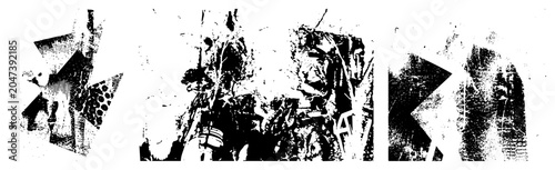 This raw assemblage features a textured scrap art style, utilizing a messy collage, torn paper aesthetics, and ink blot elements to create a chaotic visual composition.