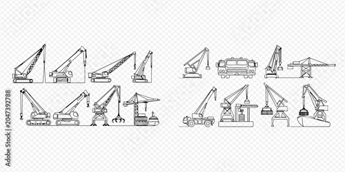 Fotografie Set of various crane types, including mobile, crawler, tower, and gantry cranes, for construction and industrial use, in line art style