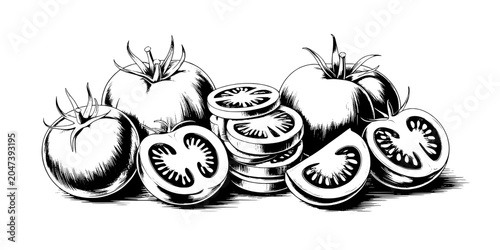 Tomatoes and Sliced Tomatoes with Canned Tomatoes in Stacked Metal Tins, Hand-Drawn Vintage Sketch Food Icon