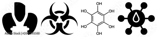 Collection of dangerous biohazard and a tannic acid molecule structure. This set features hazard signs, germ symbols, and chemical skeletons in a sharp black glyph style.