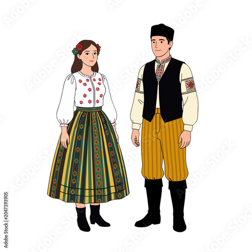 Traditional Folk Couple in Embroidered Attire Vector Illustration, Isolated Transparent Background for Cultural Heritage Design and Tourism