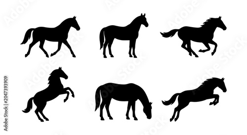 Obraz na plátně Six Silhouette Horse Poses Vector Set, Galloping, Rearing, Grazing, Jumping, Ani
