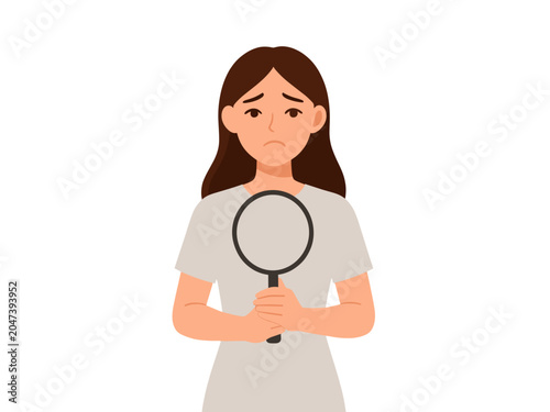 Woman Holding Magnifying Glass Looking Concerned, Isolated Vector Illustration for Quality Control or Inspection Concept