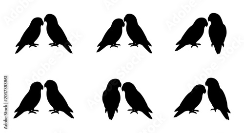 Fotografi Lovebirds Silhouettes, Pair of Birds, Romantic Couple, Animal Icons, Vector Grap