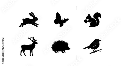 Canvas Print Forest Wildlife Silhouette Icons Set: Rabbit, Butterfly, Squirrel, Deer, Hedgeho