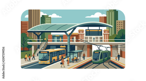Photos Urban Transit Hub: Bus and Tram at Modern Station with Cityscape Background