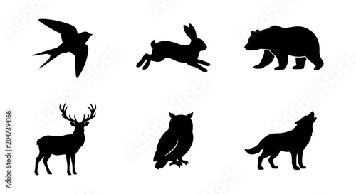 Photography Wild Animal Silhouettes: Deer, Bear, Wolf, Rabbit, Owl, Bird Vector Icons for Na