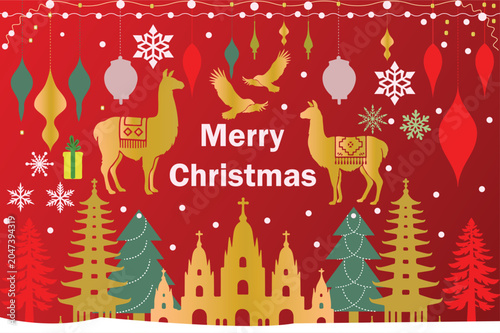 Christmas celebration festival new happy year vector image with tree, pagoda, giftbox, vintage, various element poster, banner, leaflet illustration design,