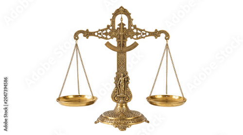 Fényképezés Ornate Brass Balance Scale with Suspended Pans, Decorative Symbol of Justice, Fa