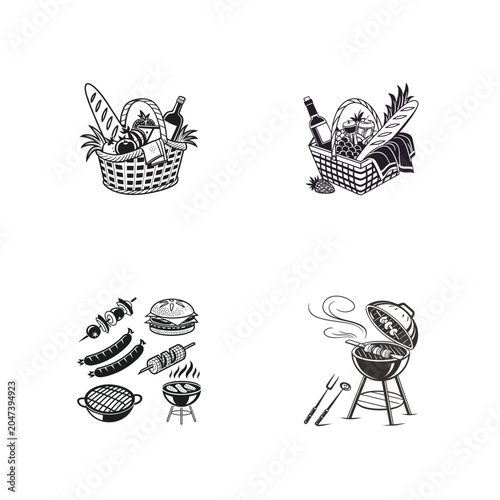 Picnic Basket and Barbecue Grill with Food Items, Outdoor Summer Meal Illustration