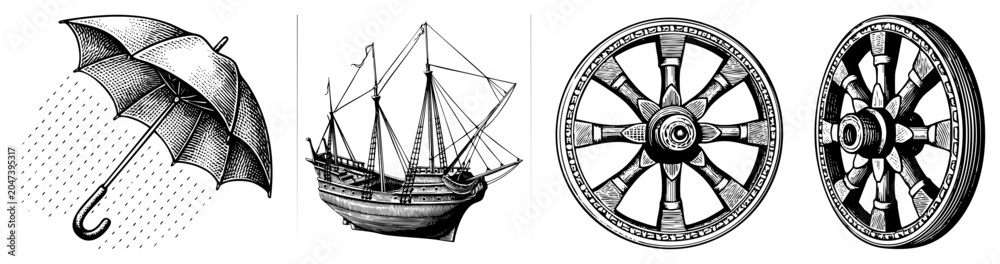 Obraz premium Antique woodcut illustrations featuring a brolly, a tall sailing vessel, and heavy wagon wheels. These etching style graphics showcase maritime and rustic elements.