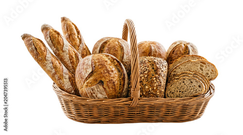 Foto Wicker Basket Filled with Assorted Breads, Including Baguettes, Round Loaves, an