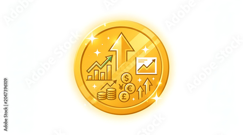 Gold coin displaying currency symbols, charts, and upward arrows for economic growth