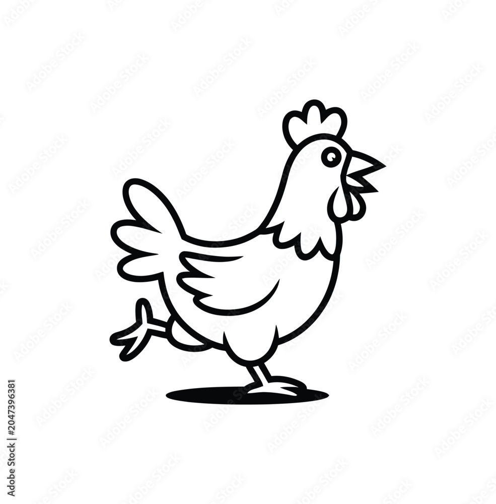 Fototapeta premium Chicken standing illustration with black outline on white background