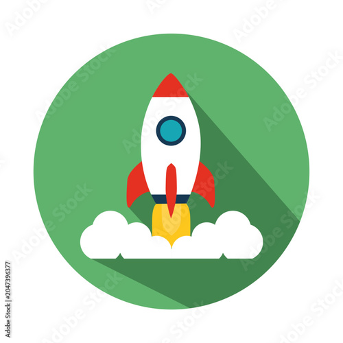 Rocket Icon - Cute cartoon rocket character with smiling face flying on green background vector illustration