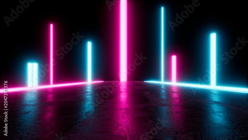 Foto Abstract neon light pillars glowing on a dark reflective surface