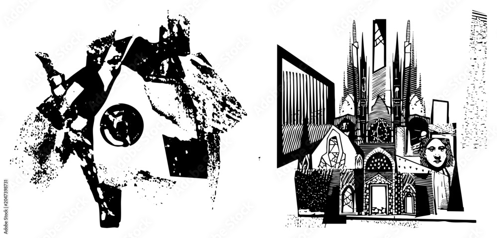 Fototapeta premium Edgy collage featuring a gritty halftone eyeball and a sharp gothic. This dark art piece combines a heavy ink wash eye with a silhouette for a striking visual.