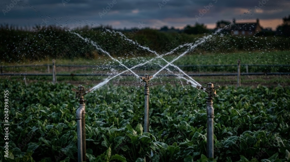 Obraz premium Three industrial sprinklers watering vegetable crops in field at dusk.